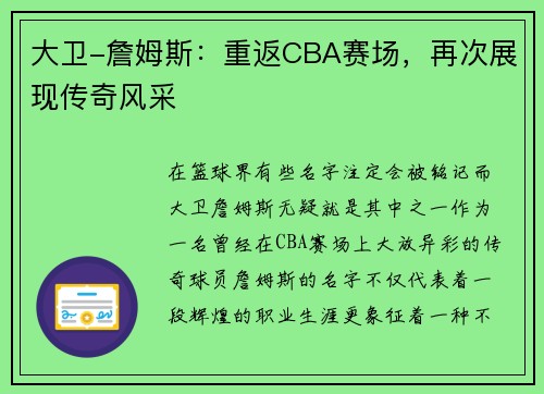 大卫-詹姆斯：重返CBA赛场，再次展现传奇风采